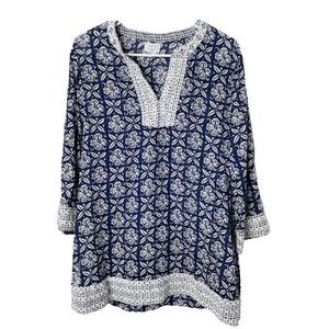 Sigrid Olsen Boho Tunic Sz L Henley Neck Embroidered Trim Floral Geometric Women